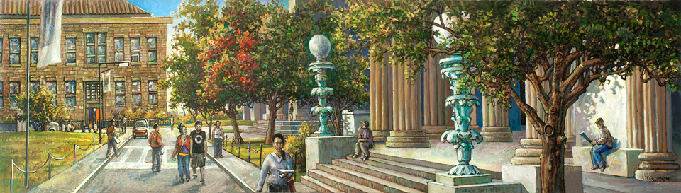 A painting of Gould Memorial Library by Daniel Hauben